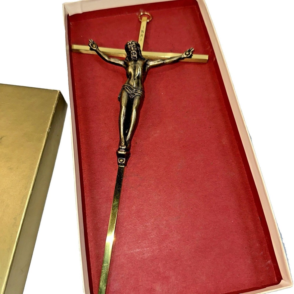 Brass Crucifix With Jesus On Cross 10" Vintage Brass INRI Wall Hanging NIB
